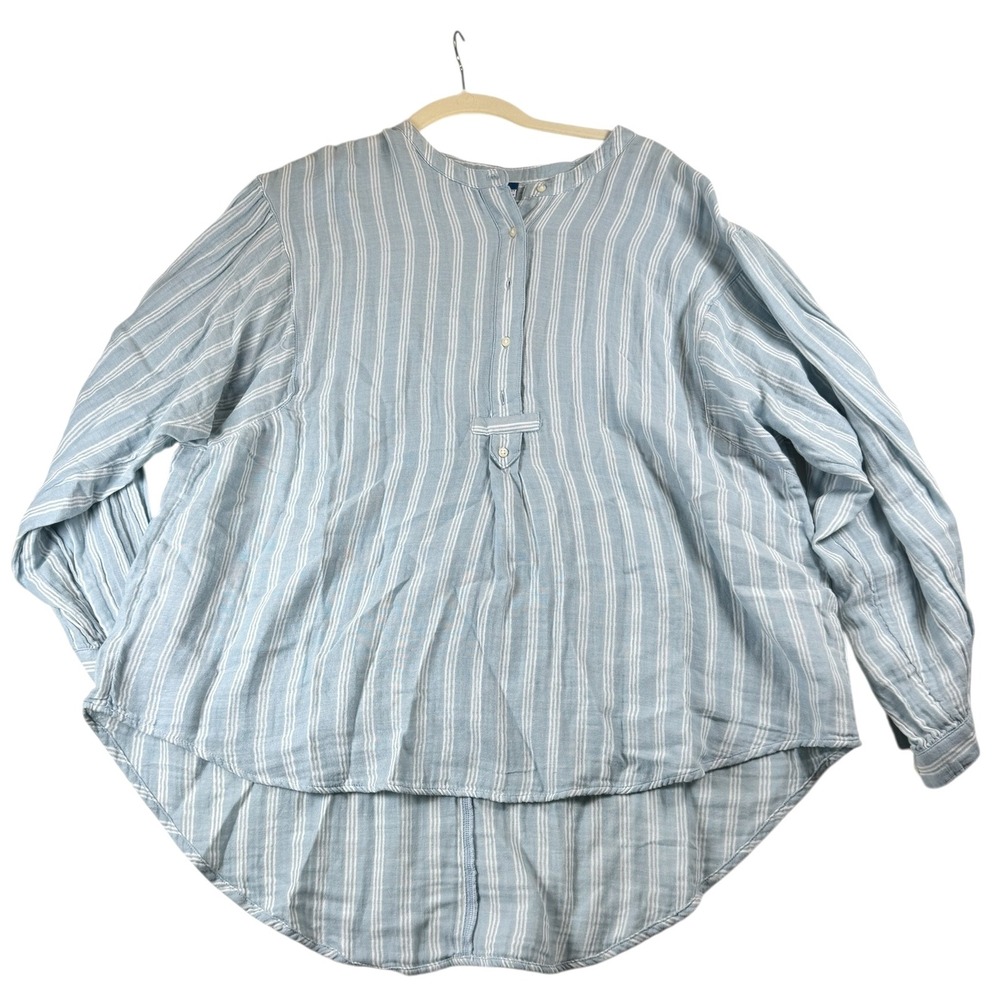 Old Navy Womens XL Blue Striped Long Sleeve 3/4 Button Up Shirt Top Oversized